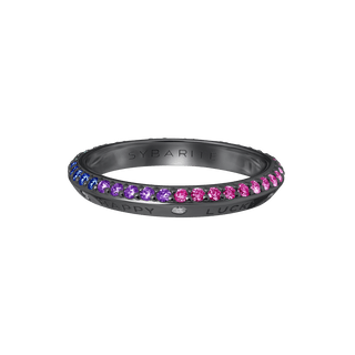 Bague Fortune Rainbow Band en or noirci avec diamants blancs et pierres précieuses.